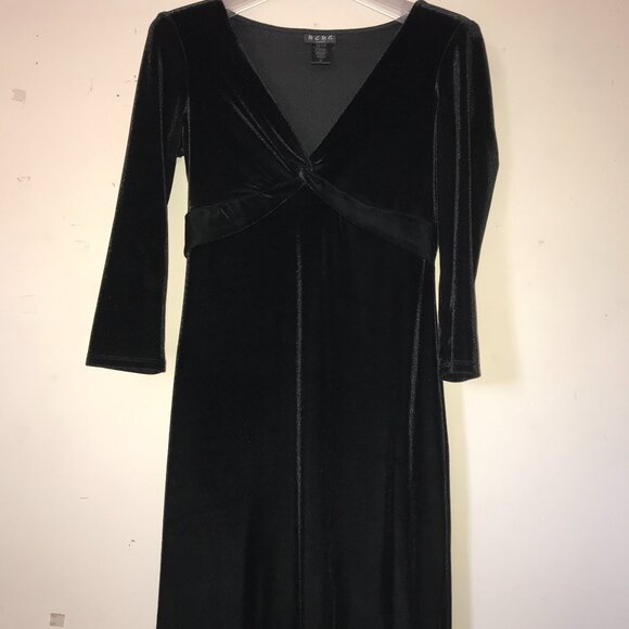 Vintage 80's BCBG Paris Dress M Black Velour Knotted V-neck Stretch Mini - Picture 1 of 7